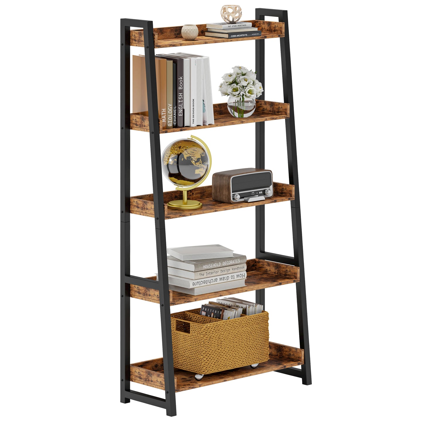Ironck Industrial 5 Tier Bookshelf Ladder Shelf Metal Frame