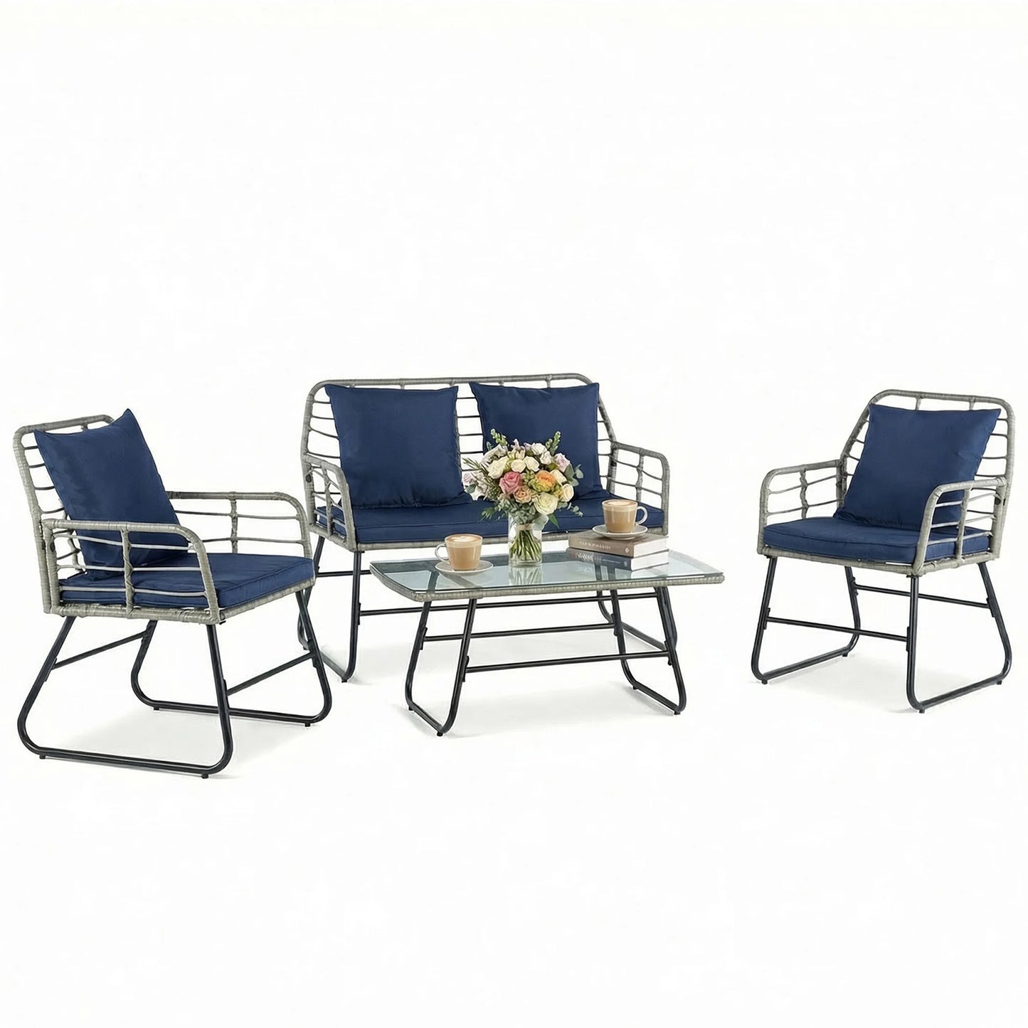 JHK Outdoor Wicker Patio Set With Glass Table Cushions