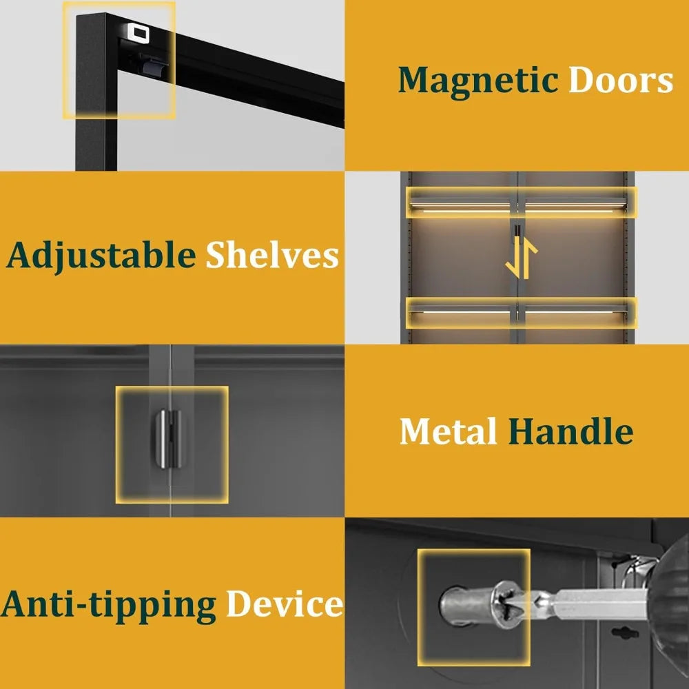 Display Cabinet with Glass Doors and LED Lights, Glass Display Case with 3 Adjustable Shelves,4 Tier of Storage Space Curio Cabi