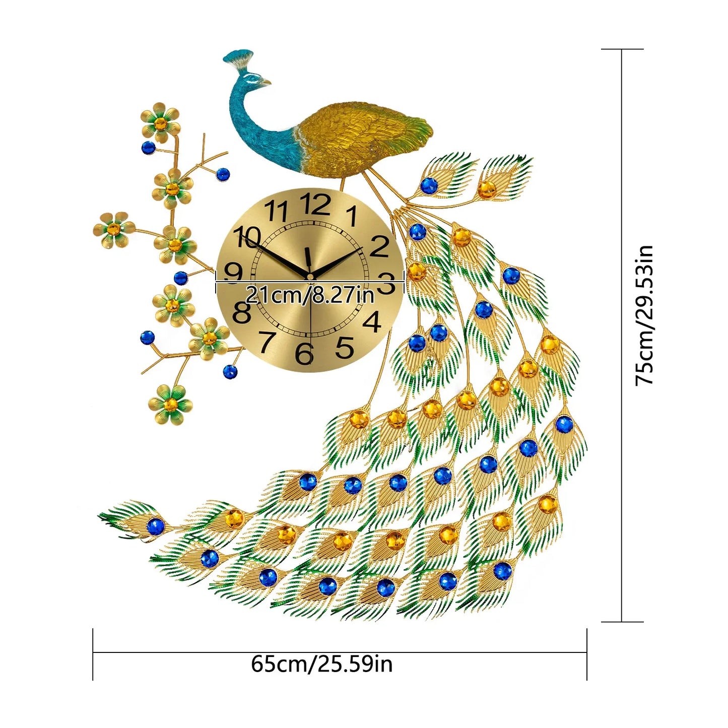 Peacock Inspired Metal Wall Clock 3D Living Room Decor Gift
