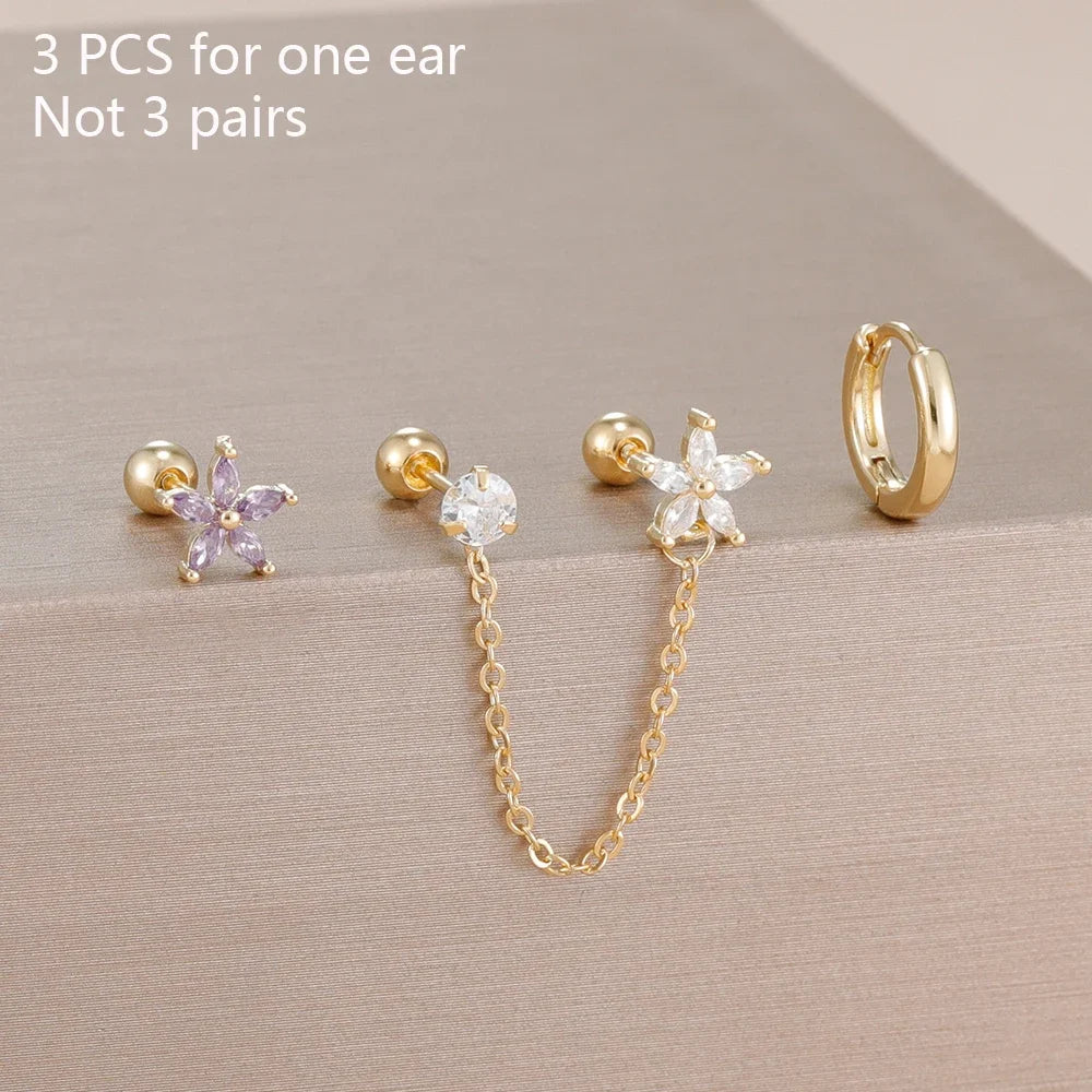 3PCS Stainless Steel Zircon Flower Star Ear Stud Earrings Set 14K Gold Plated Chain Cartilage Piercing Earring Women's Jewelry