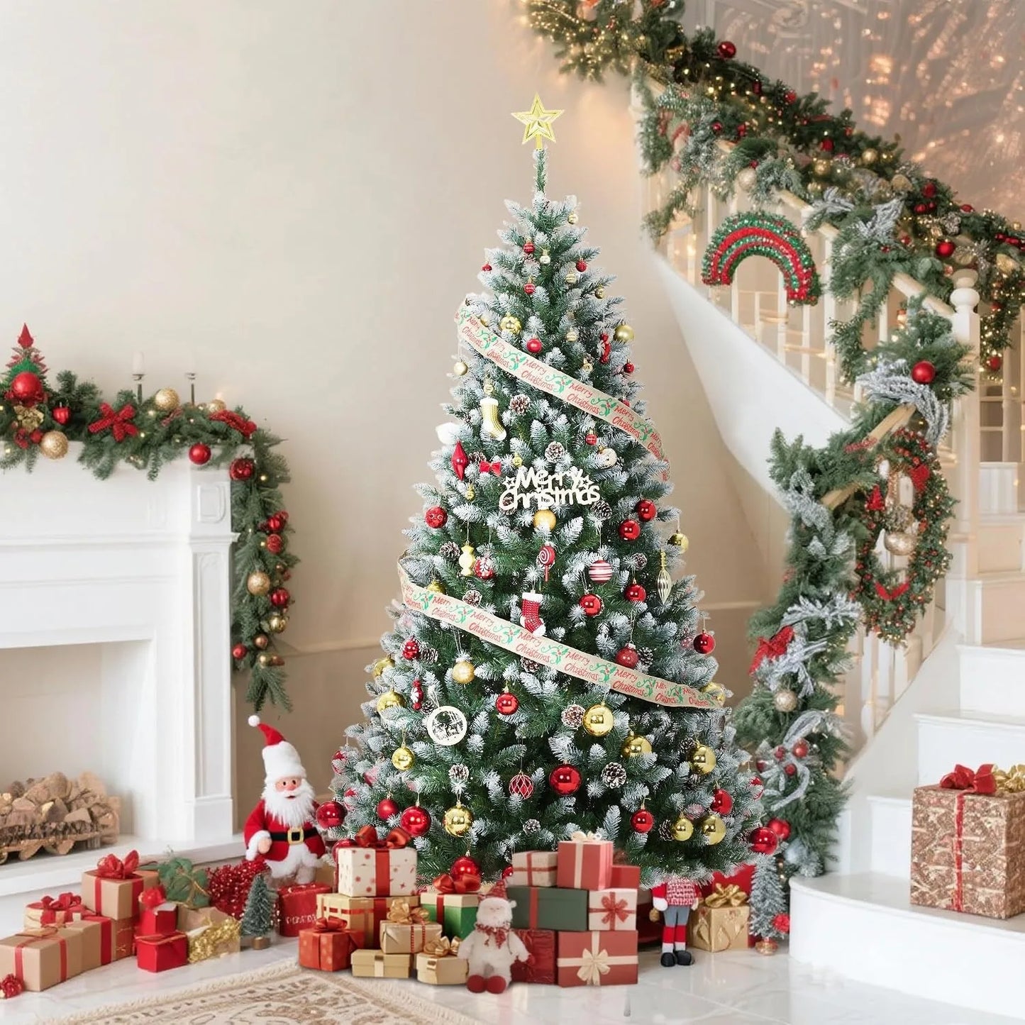 6 Ft Pre-Lit Pencil Snow Flocked Spruce Artificial Christmas Tree with Pine Cones & Foldable Stand, Slim Green-White Xmas Tree for Indoor Holiday Decoration
