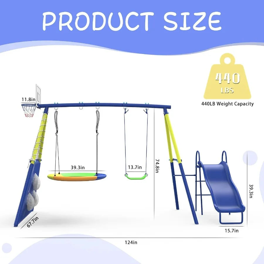 Outdoor Heavy-Duty Metal Swing Set for Backyard with Slide 5 in 1 Playset 440lbs Capacity Red Swing Seat Saucer Belt Swing Socc