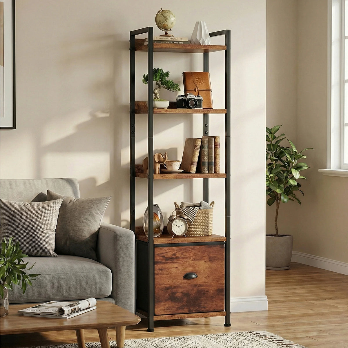 Metal Five Tier Freestanding Bookshelf With Fabric Storage Drawers