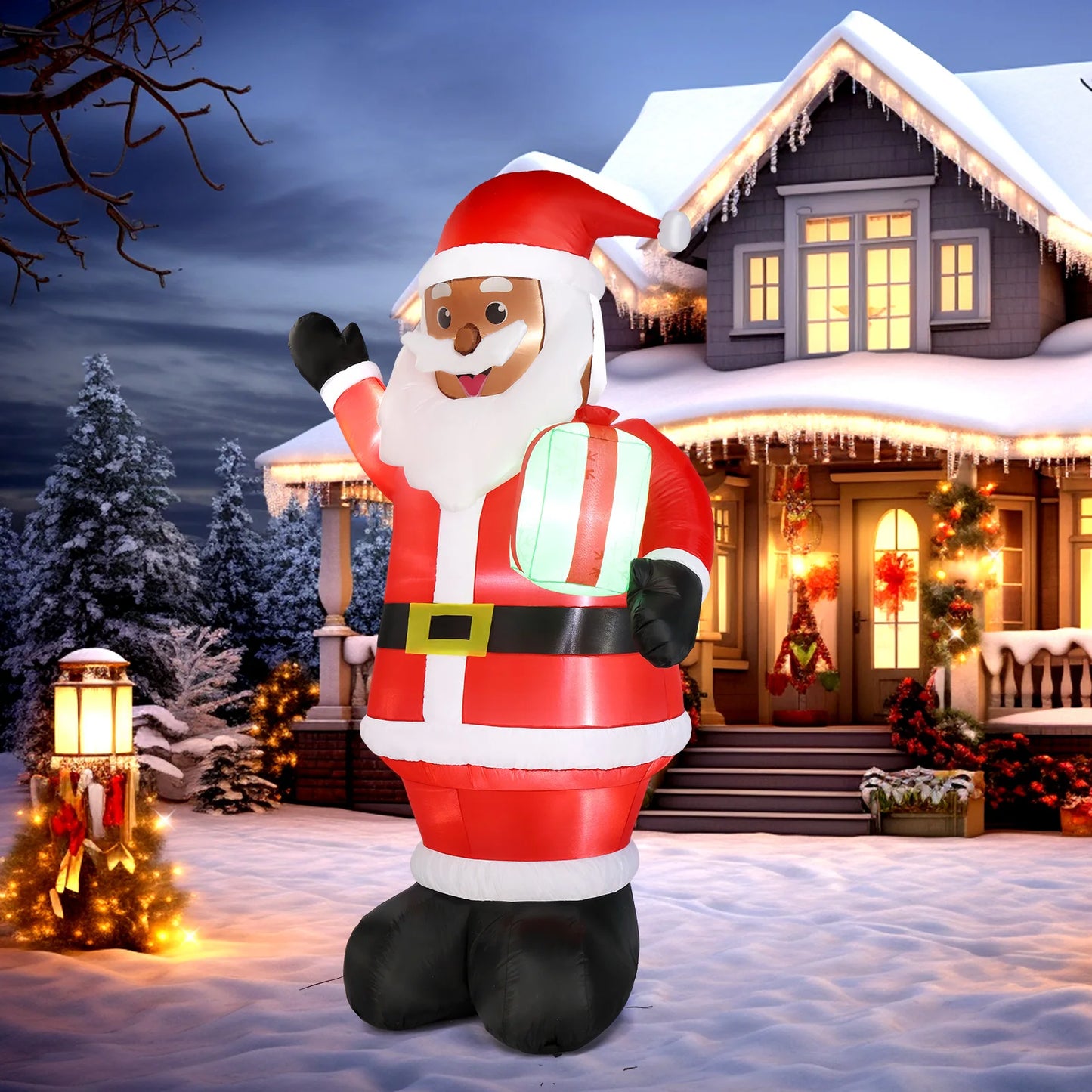 7FT Lighted Christmas Inflatable Black Santa Claus with Gift Box, Built-in LED Lights Blow Up Yard Decor for Outdoor Lawn Garden Holiday Party Decoration