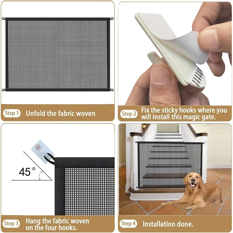 Dog Barrier Fence Playpen With 4 Hooks Foldable Mesh Gate