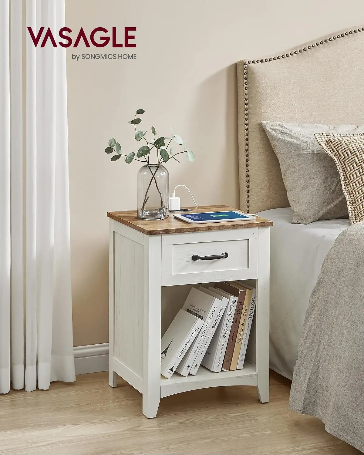 Farmhouse Nightstands With Charging Station Set of 2