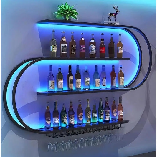 Wall Mounted 4 Tier Wine Rack With LED Lighting Bar