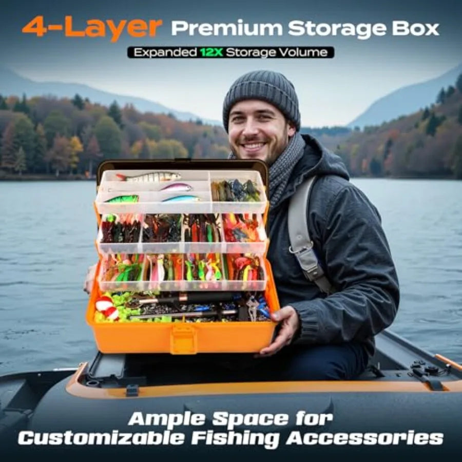 Freshwater bass fishing tackle box: 4-layer plastic storage in black, includes 547pcs lures, pliers, crankbait, hooks, weightsd