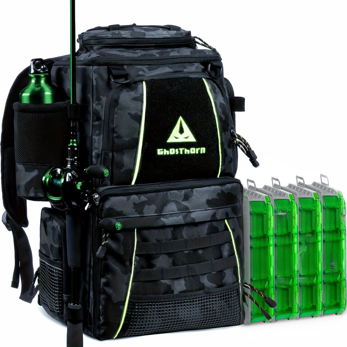 Ghosthorn 43L Fishing Backpack with 4×3600 Tackle Boxes, Rod Holder & Detachable Waist Bag, Waterproof