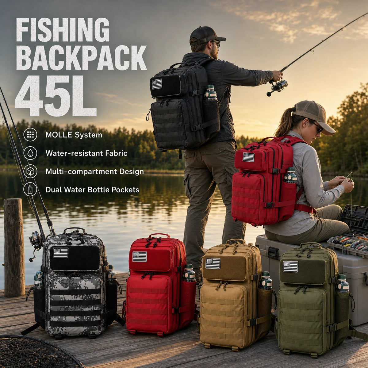45L Large Capacity Tactical Fishing Backpack Angling Rucksack with Dual Water Bottle Cup Holders Outdoor Camping Fishing Tackle Storage Backpack for Sea Fishing Bank Fishing Hiking Trekking Travel Sports EDC Daily Carry Outdo