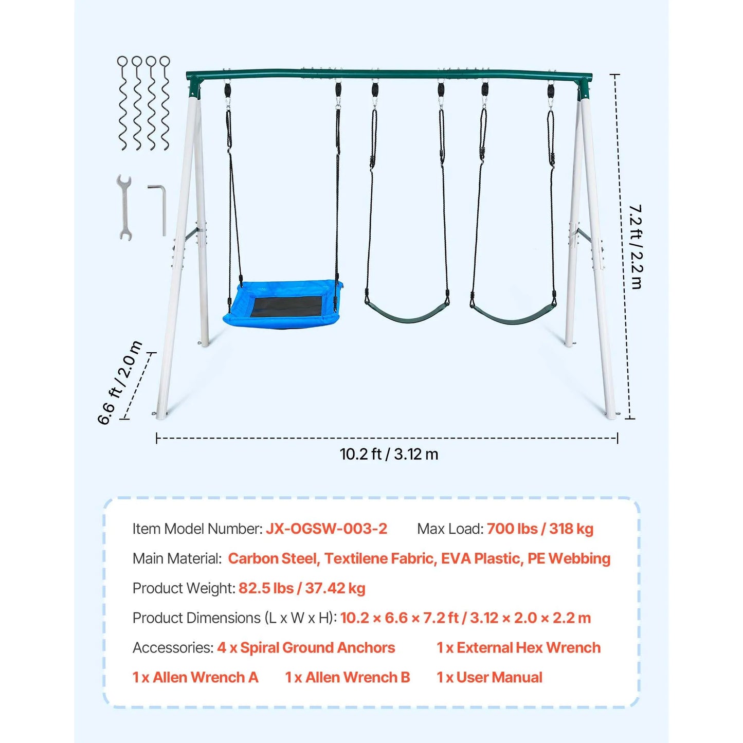 SucceBuy Swing Set for Backyard 45x30in Swing Seat and Two Belt Seats with A-Frame Metal Stand 700lbs Swing set Outdoor for Kids