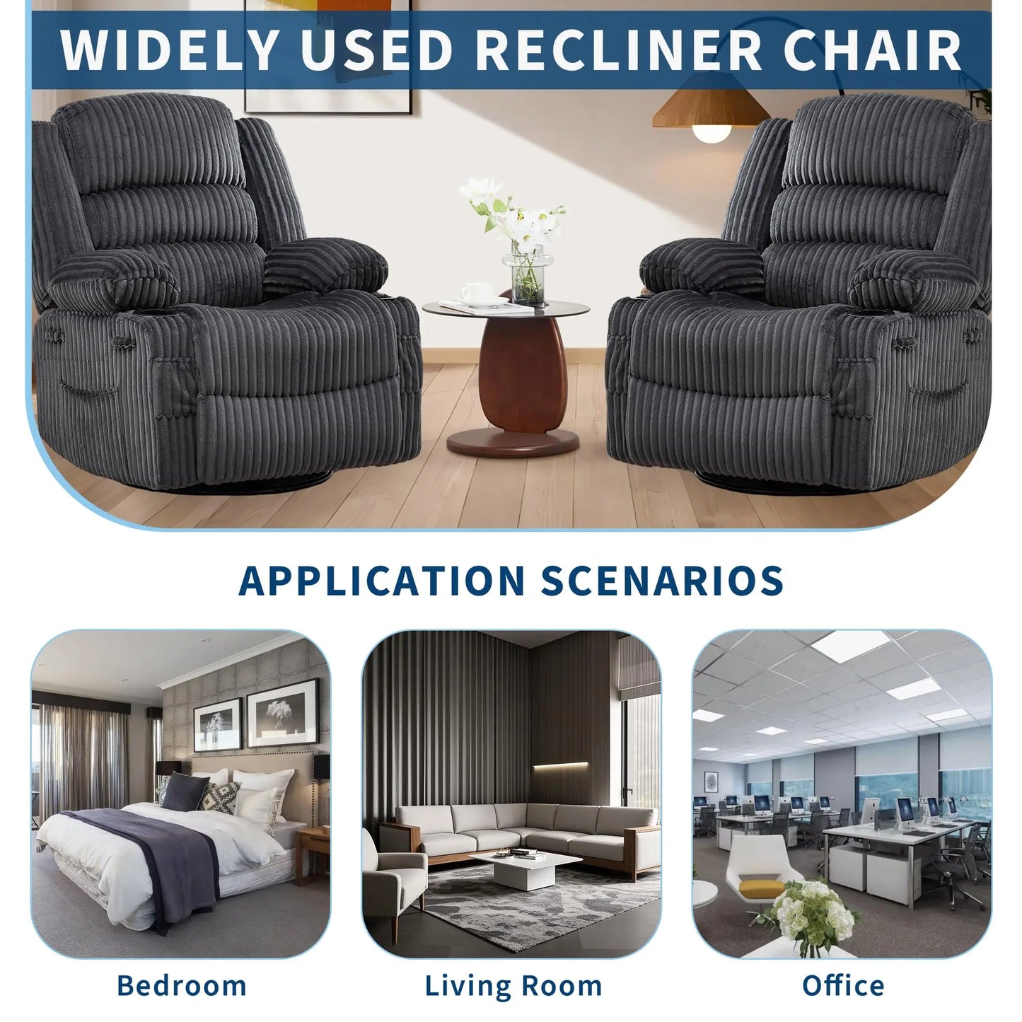 360° Swivel Rocking Recliner Chair With Cup Holder, Oversized Corduroy Nursery Glider, Deep Seat Lounge Chair For Living Room