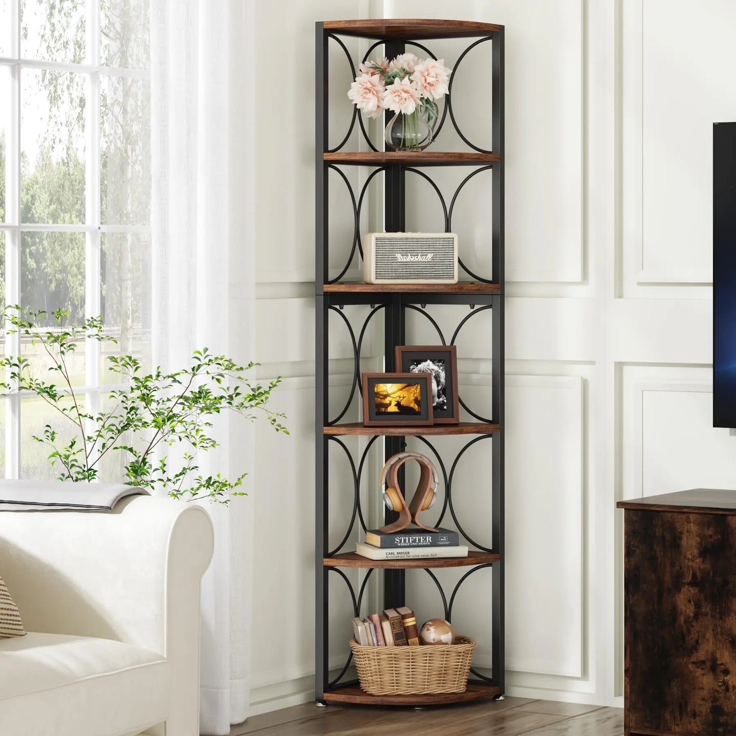 Tribesigns 67 inch Tall Corner Shelf, 6 Tier Rustic Corner Bookshelf Bookcase Storage Rack Standing Shelving Unit
