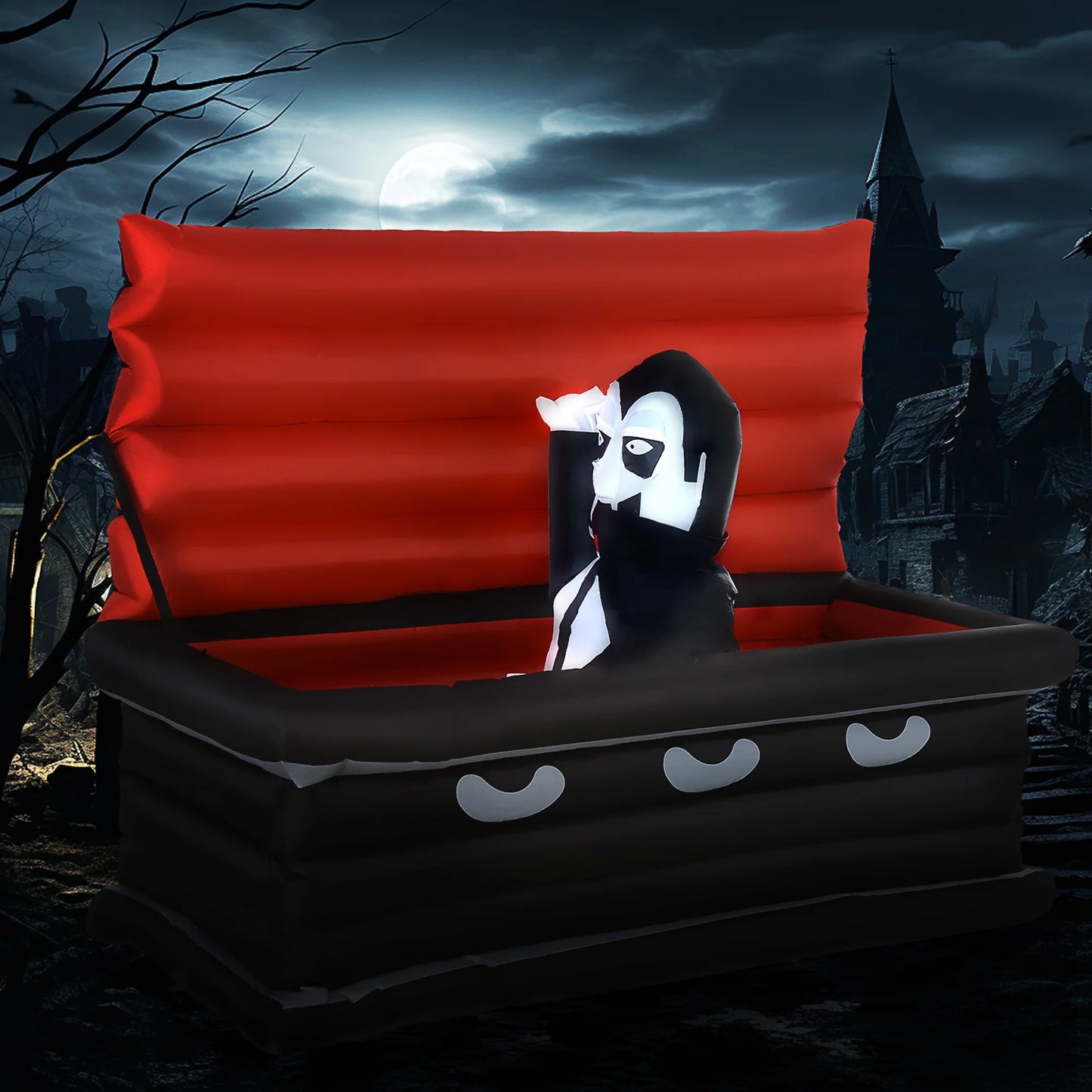 70.75"W Inflatable Halloween Vampire Coffin Anchored Outdoor Display W/ Led