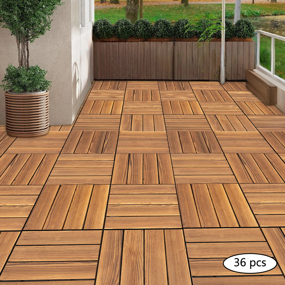 Bymaocar Interlocking Solid Larch Wood Deck Tiles for Outdoor Patio