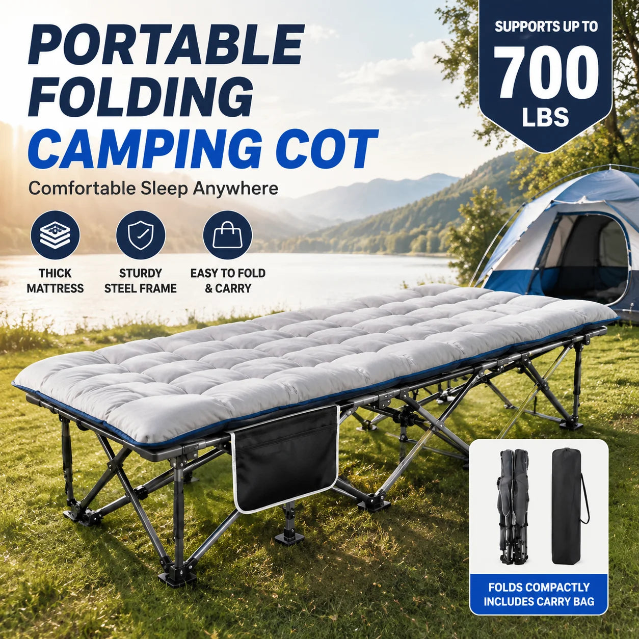 Portable Foldable Camping Cot With Thick Padded Mattress