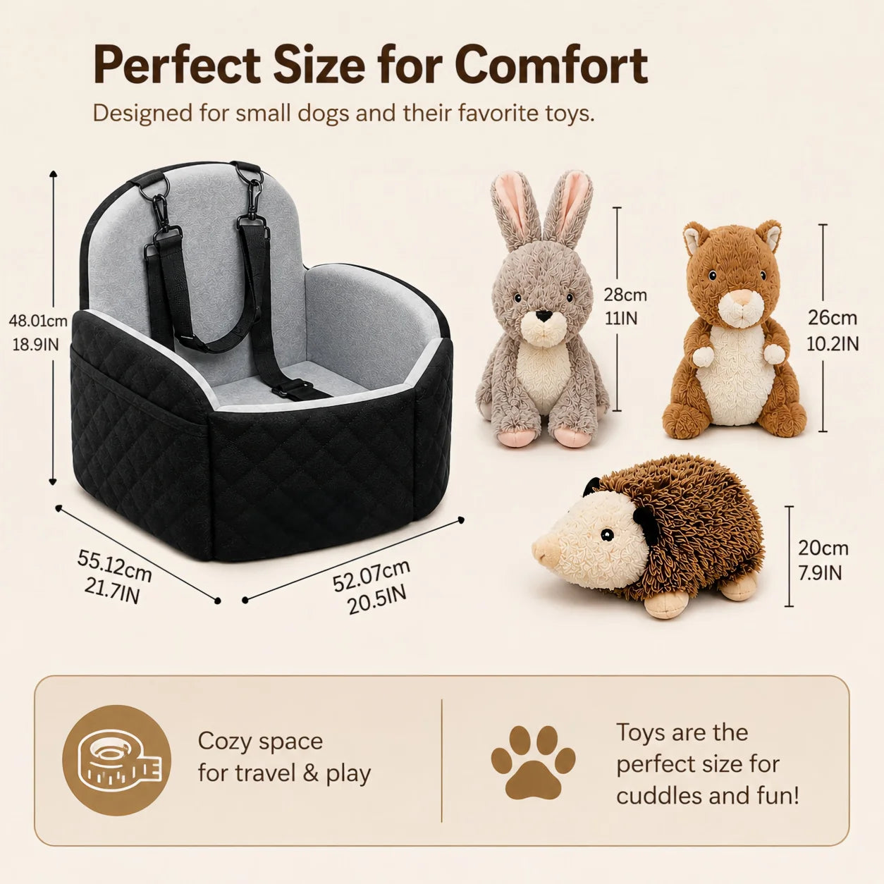 Compact Dog Car Seat Bed With Washable Cushion Travel Straps
