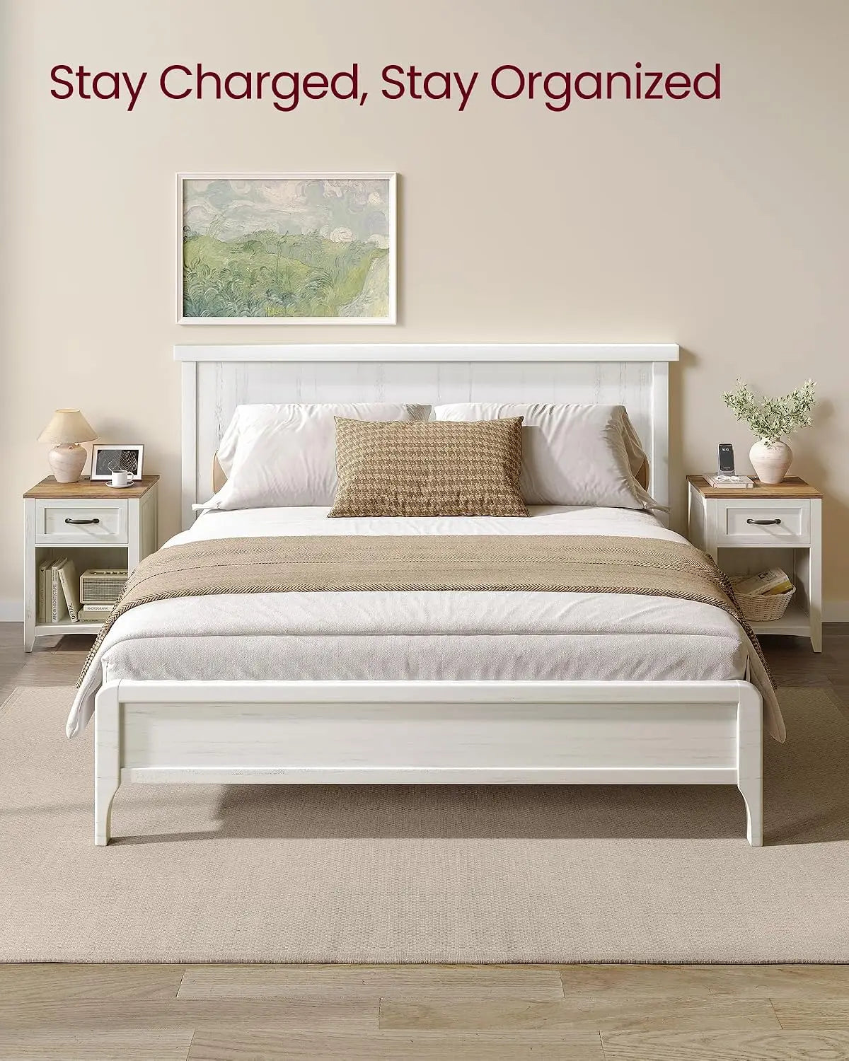 Farmhouse Nightstands With Charging Station Set of 2