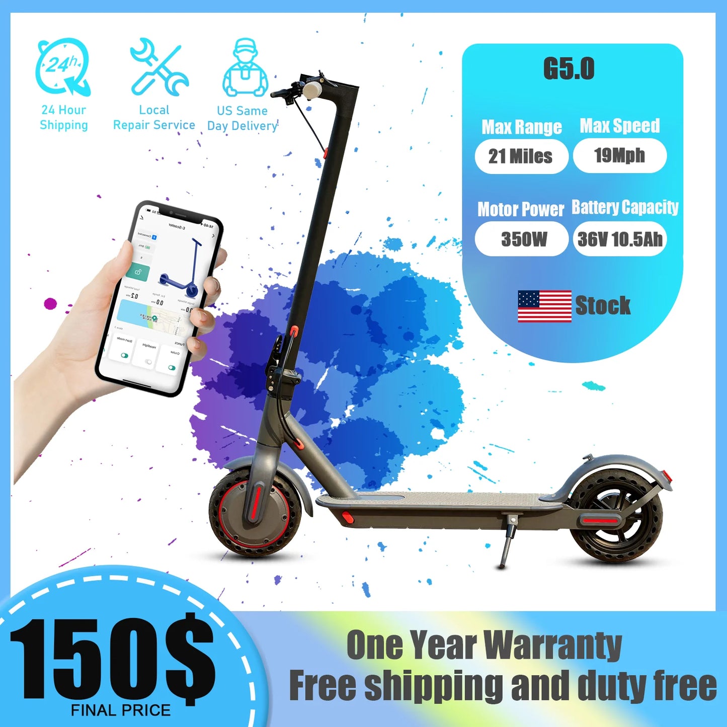 G5.0 Electric Scooter 36V 350W Foldable Long Range 21 Miles