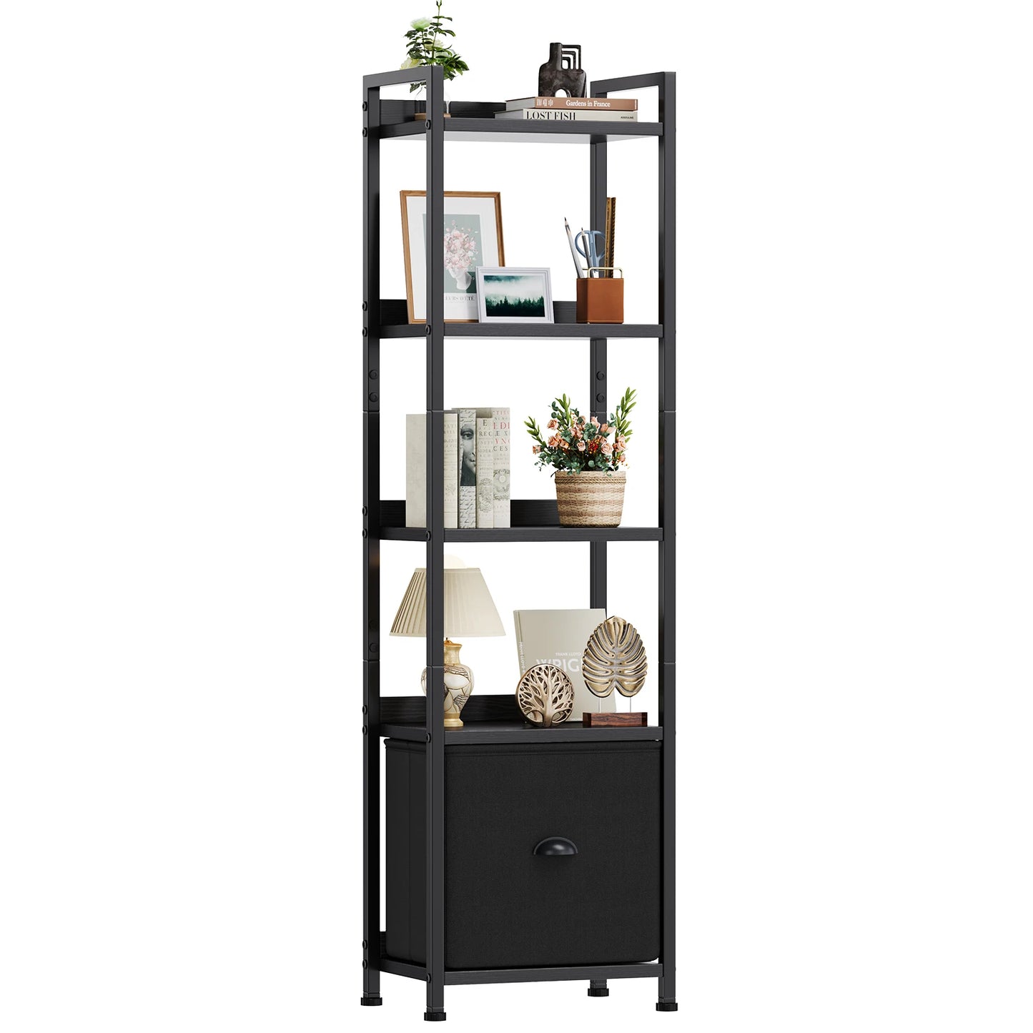 MCQ 4-5 Tier Bookshelf with Fabric Drawer Standing Open Book Shelf Organizer Wood and Metal Storage Shelf Organizer in Living Room Bedroom