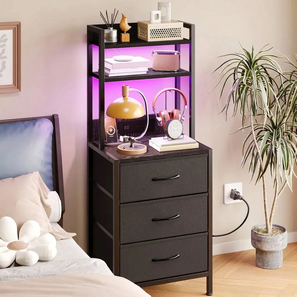 Triple Function Charging Cabinet Side Table Nightstand Bookshelf With Light