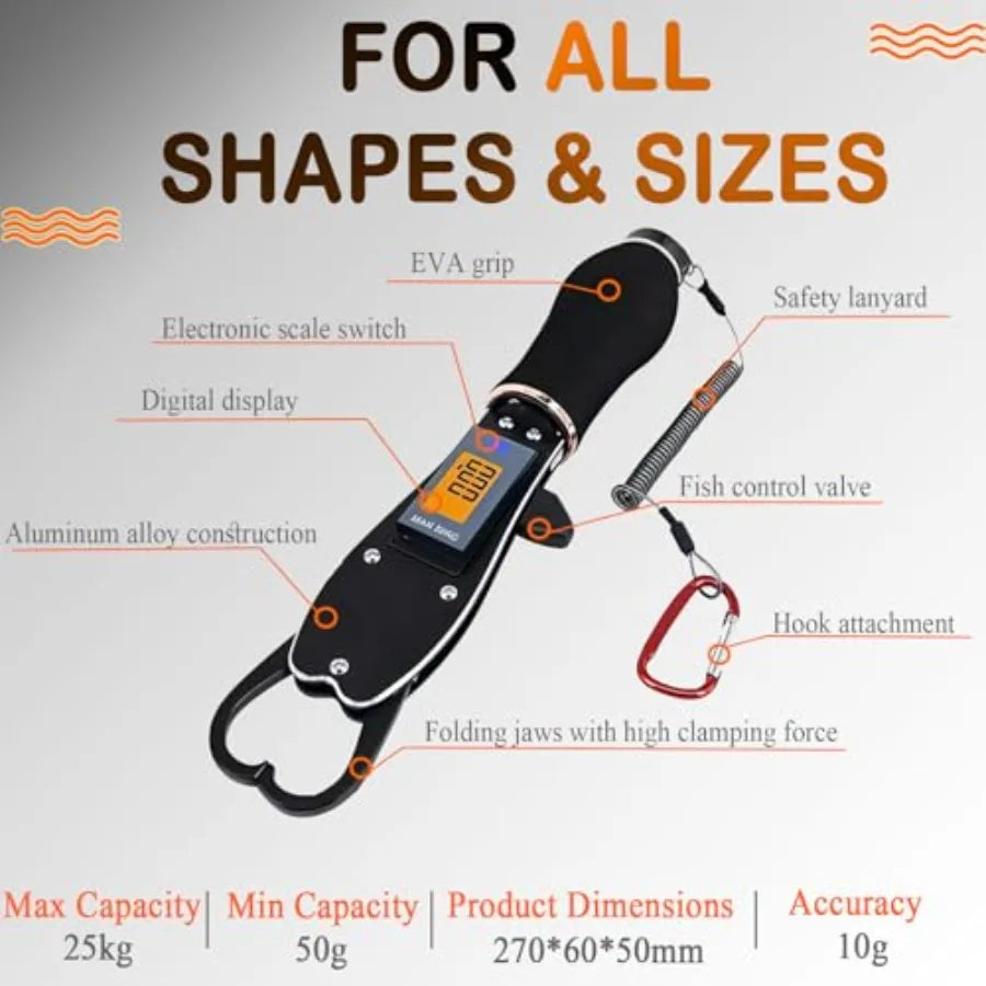 Fishing lip gripper for easy catch release, aluminum alloy, black, 360 swivel non-slip handle, scale up to 25kg/55lb