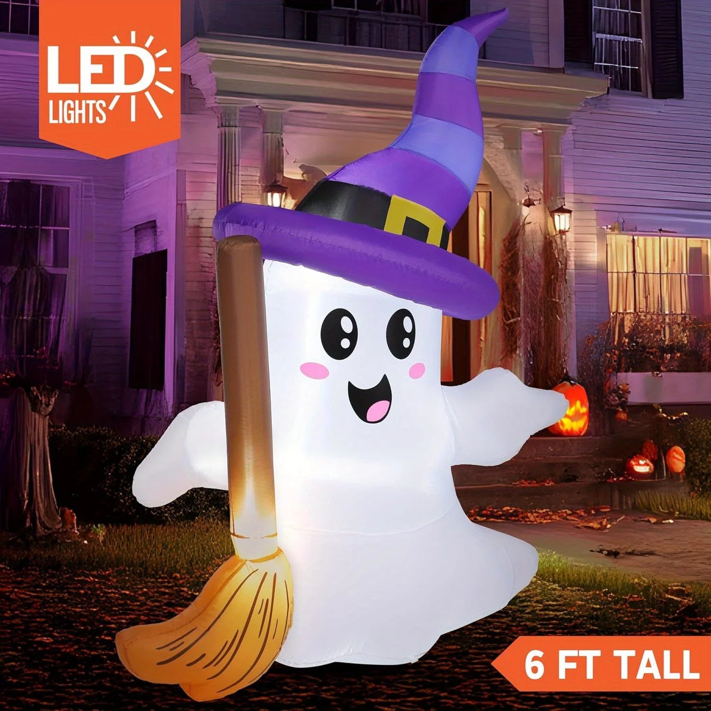 6 FT Tall Halloween Inflatables Ghost Outdoor Decorations Cute Blow Up Ghost Holding Broom with LED Blow Up Yard Decorations for Halloween Outdoor Yard Garden Lawn Party Decor