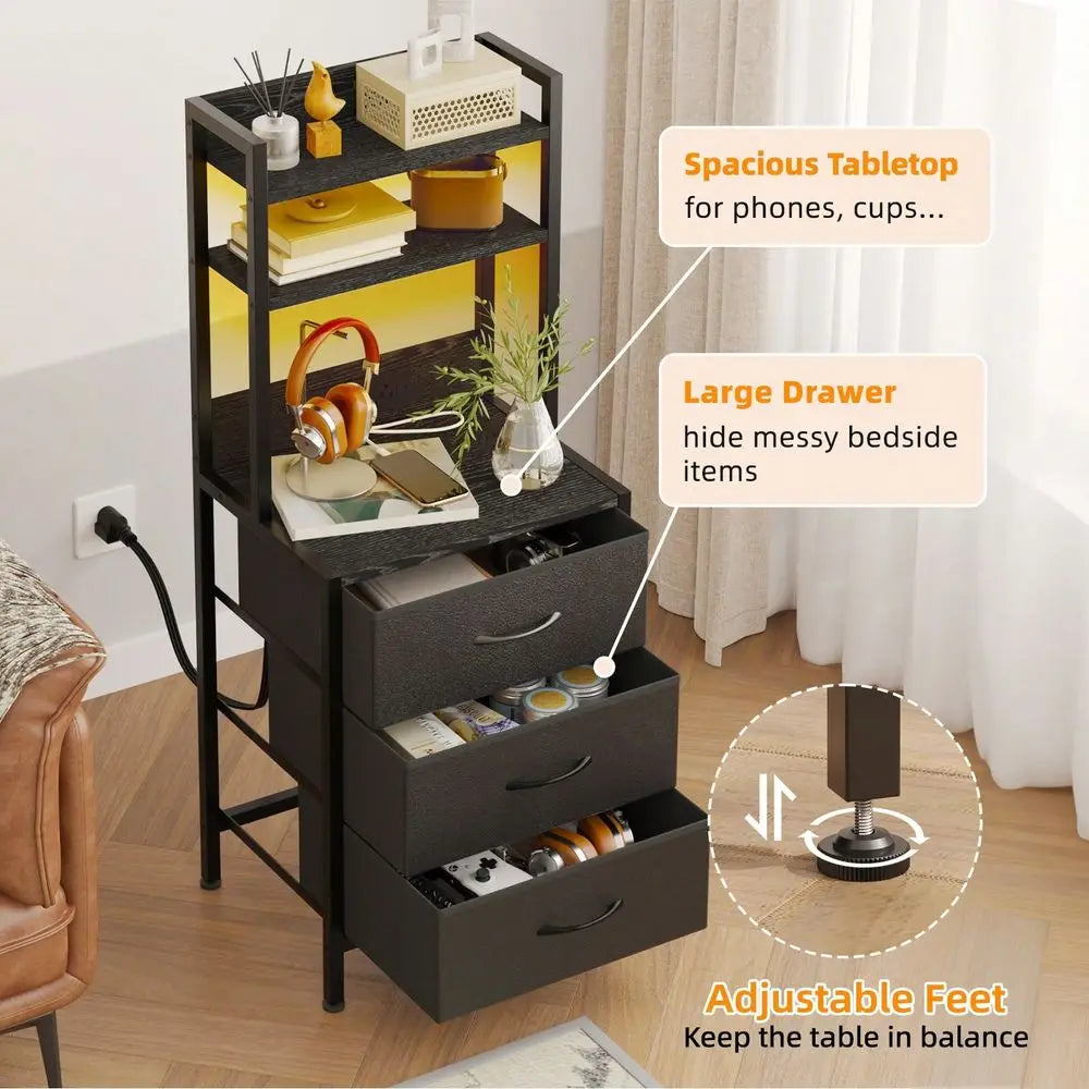 Triple Function Charging Cabinet Side Table Nightstand Bookshelf With Light
