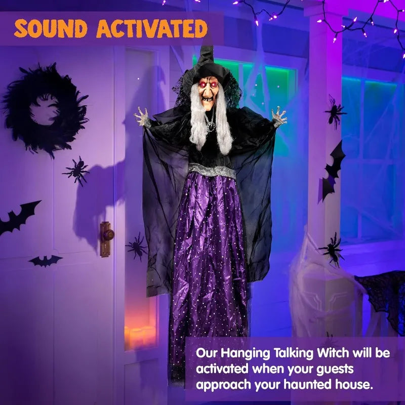 47'' Tall Animated Witch Halloween Decorations Outdoor Indoor Scary Halloween Animatronics Decor, Hanging Ghost Talking Sound Activated Led Lights Eyes Haunted House Yard Garden Lawn