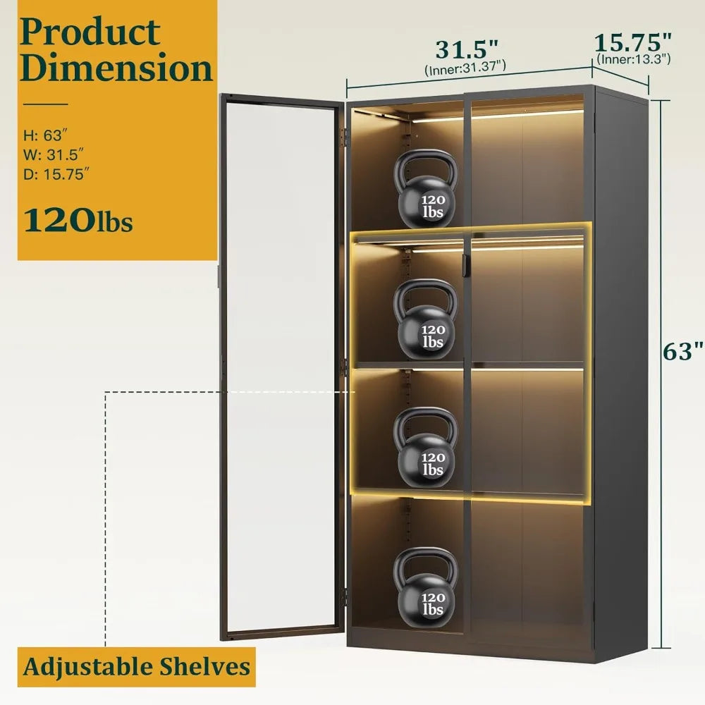Display Cabinet with Glass Doors and LED Lights, Glass Display Case with 3 Adjustable Shelves,4 Tier of Storage Space Curio Cabi