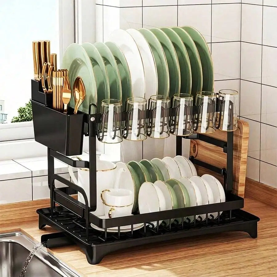 Stainless Steel Two Tier Dish Drying Rack With Auto Drainage