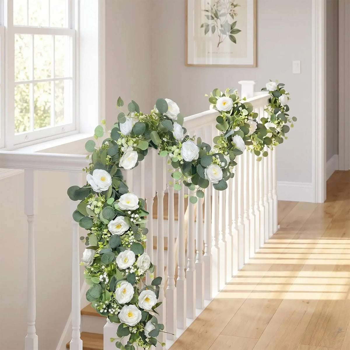 4-Pack Artificial White Austin Rose Eucalyptus Garland, 71in Silk Flower Vine Realistic Faux Greenery Swag Flexible Plastic Stems for Wedding Arch Party Table Runner Decor