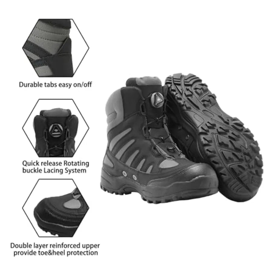 Fishing wading boots for men and women: rubber sole anti-slip, rotating buckle lacing system, black, durable waterproof neopren