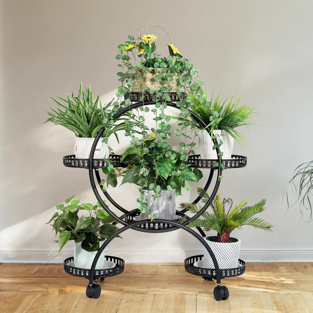 BINGOPAW Multi Tier Metal Plant Stand With Wheels for Indoor Outdoor Use