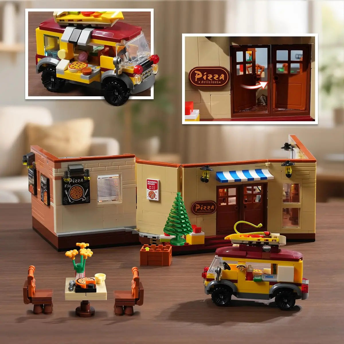 HOGOKIDS City Street Pizza Restaurant Building Set With LED House