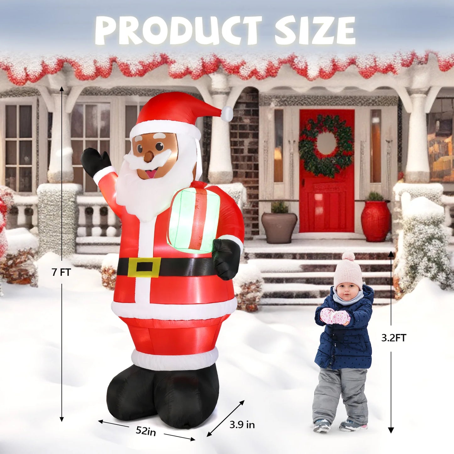 7FT Lighted Christmas Inflatable Black Santa Claus with Gift Box, Built-in LED Lights Blow Up Yard Decor for Outdoor Lawn Garden Holiday Party Decoration
