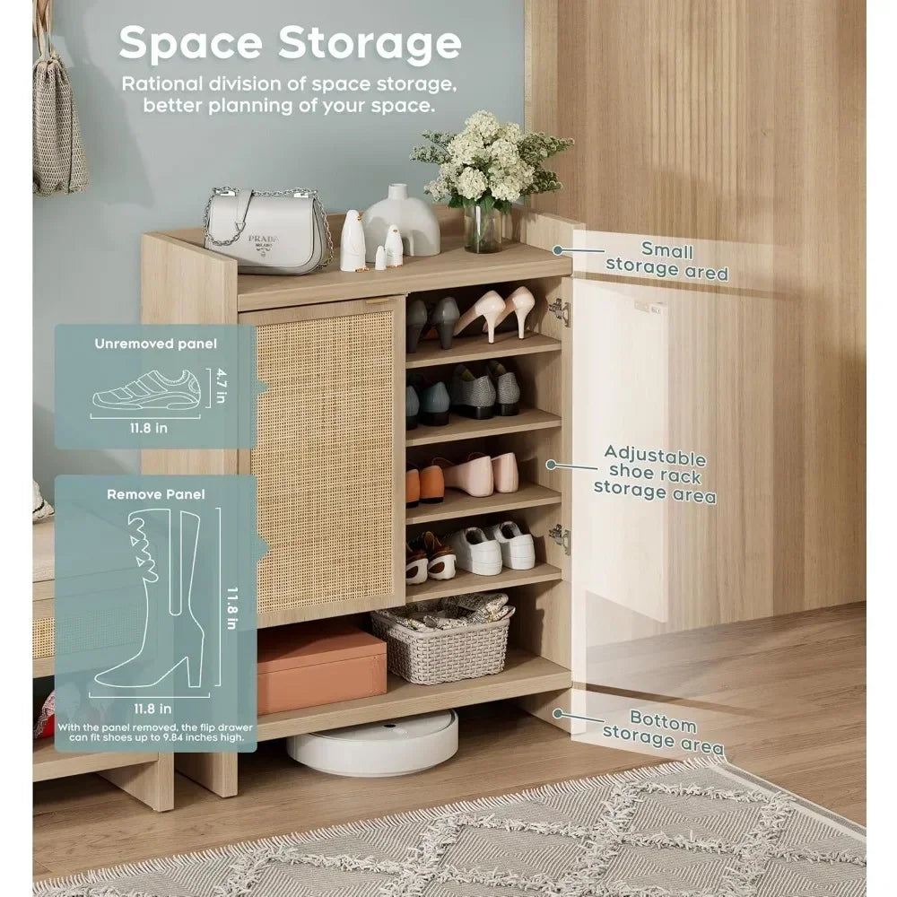 Natural Rattan Shoe Cabinet With Adjustable Shelves Boho Style Storage