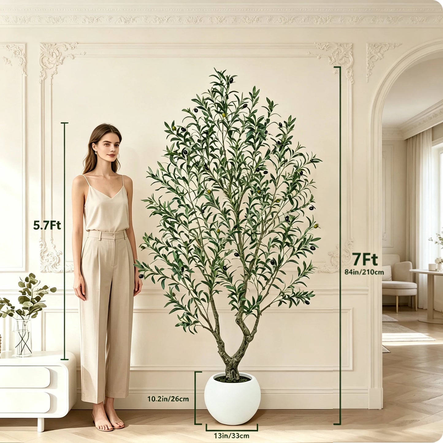 5/6/7/8FT Olive Tree Artificial Indoor Outdoor Faux Olive Tree in Decorative Planter Fluffy Artificial Plants with Natural Wood Trunk and PE Lifelike Fruits for Home Living Room Office Decor