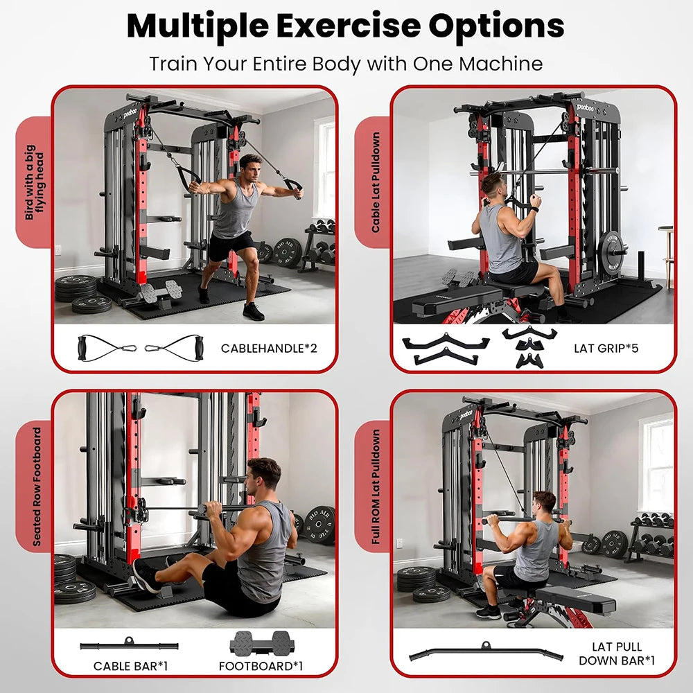 Pooboo Power Cage Smith Machine With Home Gym Cable System