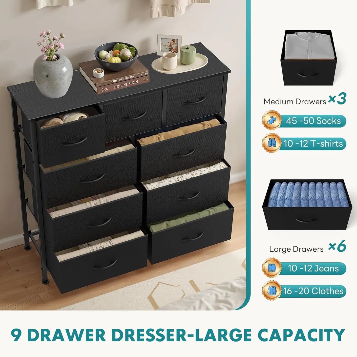 9 Drawer Storage Dresser with Wood Top - Wide Fabric Chest Organizer for Bedroom, Closet, Living Room,Tower Cabinet, TV