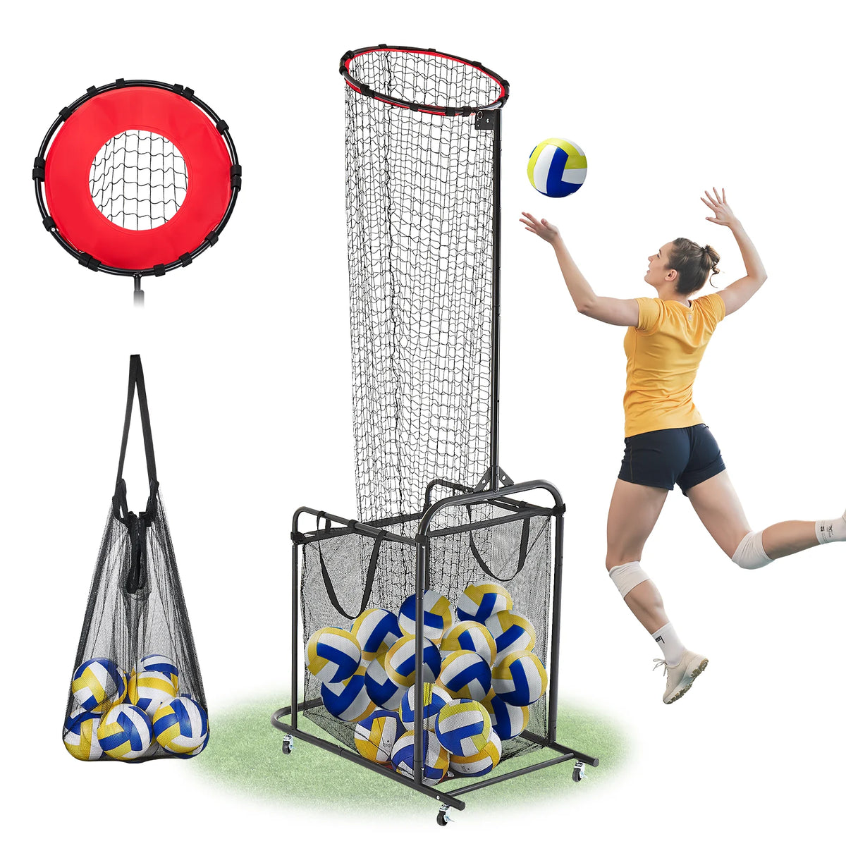 SucceBuy Volleyball Setter Training Equipment Angle Height Adjustable with Cart Wheels Carrying Bag for Serving Spiking Setting