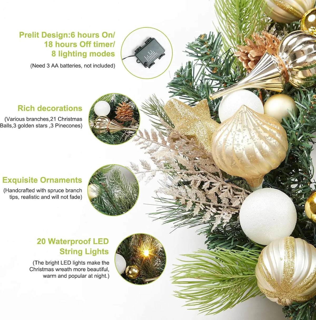 Garvee Battery Operated Pre Lit Christmas Wreath With Pine Cones