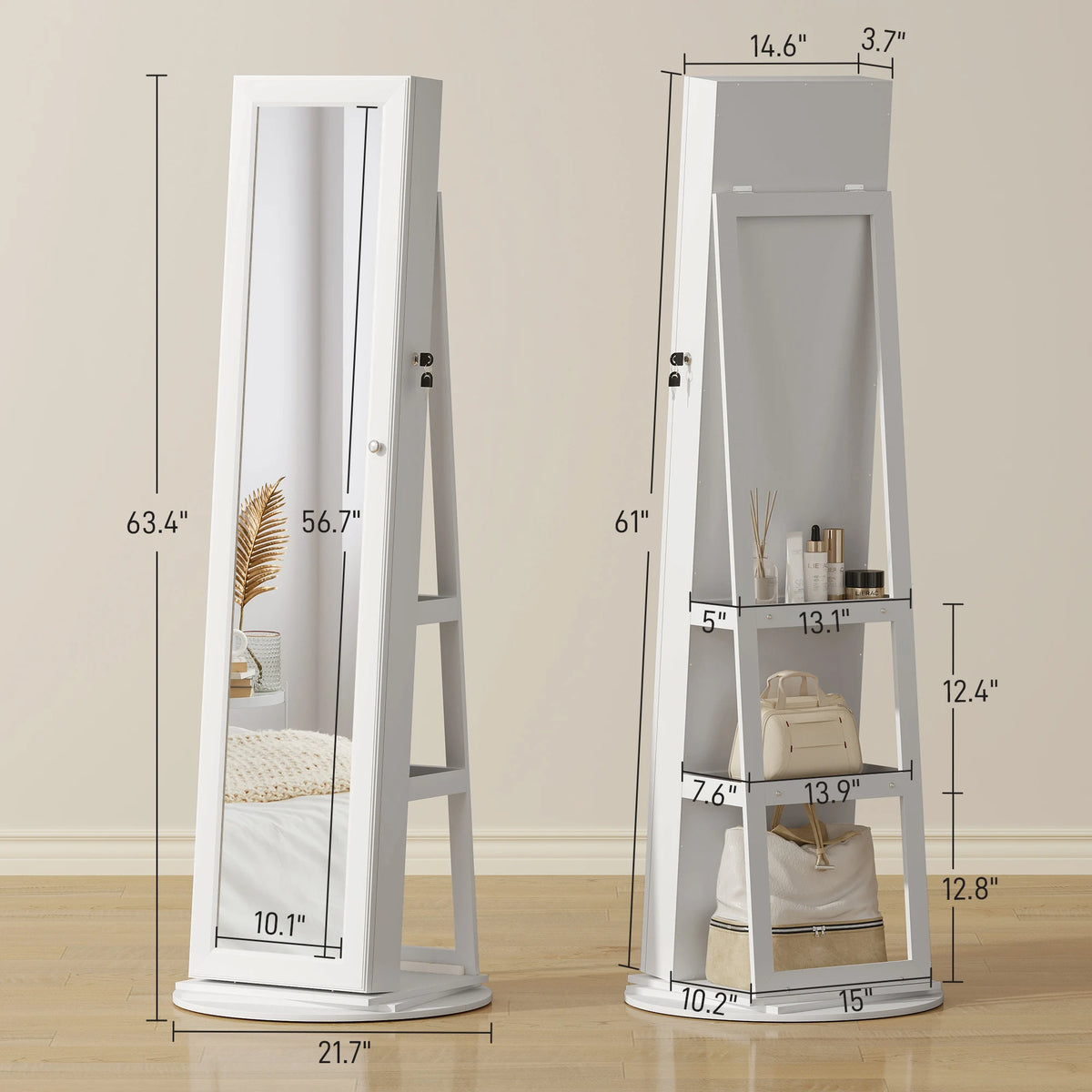 360° Swivel Jewelry Cabinet, Lockable Jewelry Armoire Organizer with Full-Length Mirror, Back Storage Shelves, Interior Small Mirror, for Bedroom Living Room, White