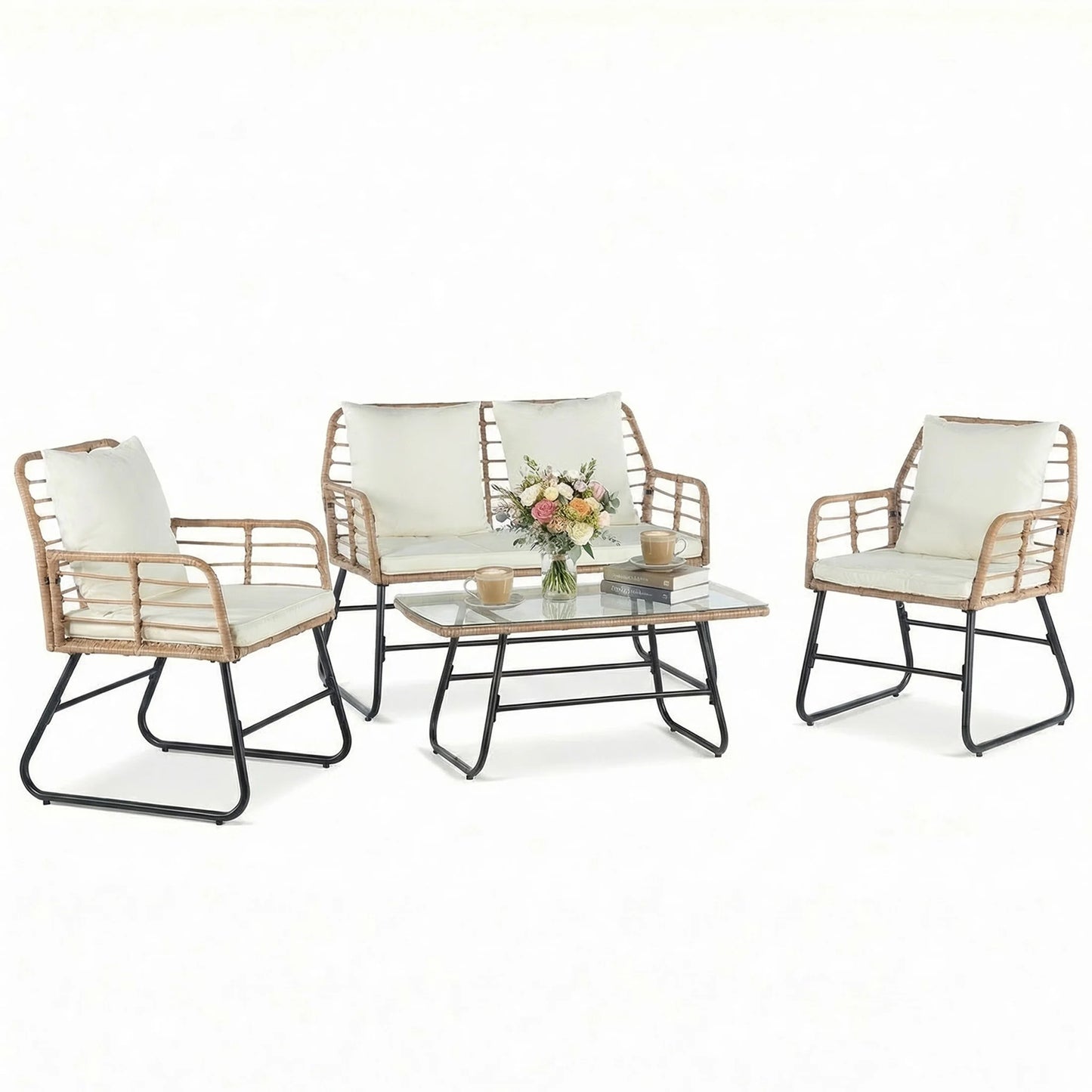 JHK Outdoor Wicker Patio Set With Glass Table Cushions
