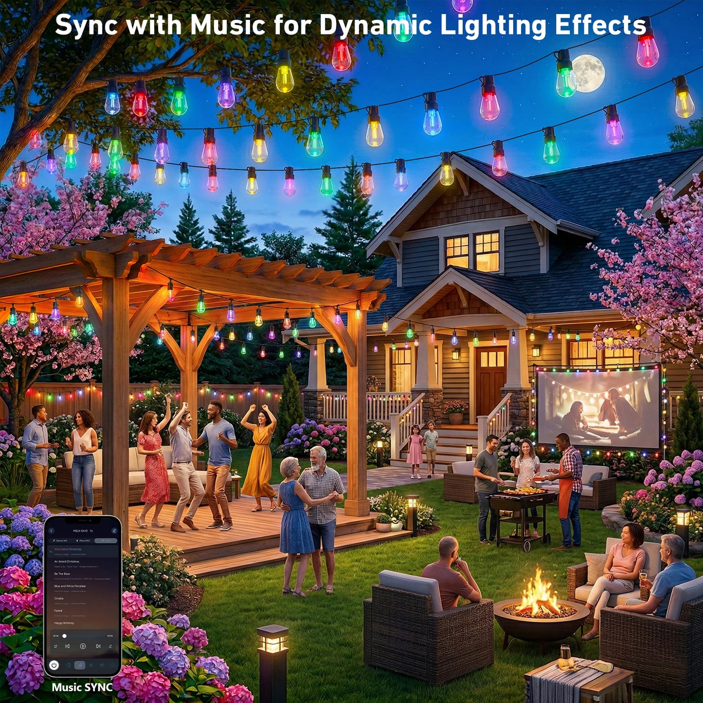 200FT RGB+IC Outdoor String Lights IP67 Waterproof DreamColor LED Bulbs Dimmable Shatterproof Patio Backyard Balcony Eave Lights APP Remote Control Chasing Effect