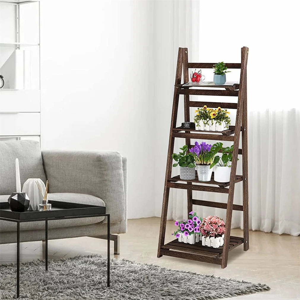 Folding Four Tier Ladder Shelf Wood Storage Rack For Plants
