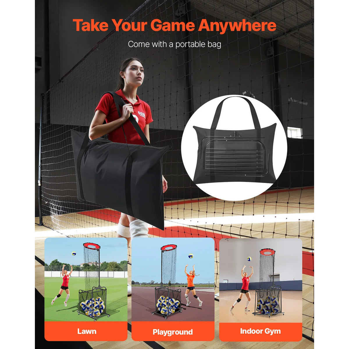 SucceBuy Volleyball Setter Training Equipment Angle Height Adjustable with Cart Wheels Carrying Bag for Serving Spiking Setting