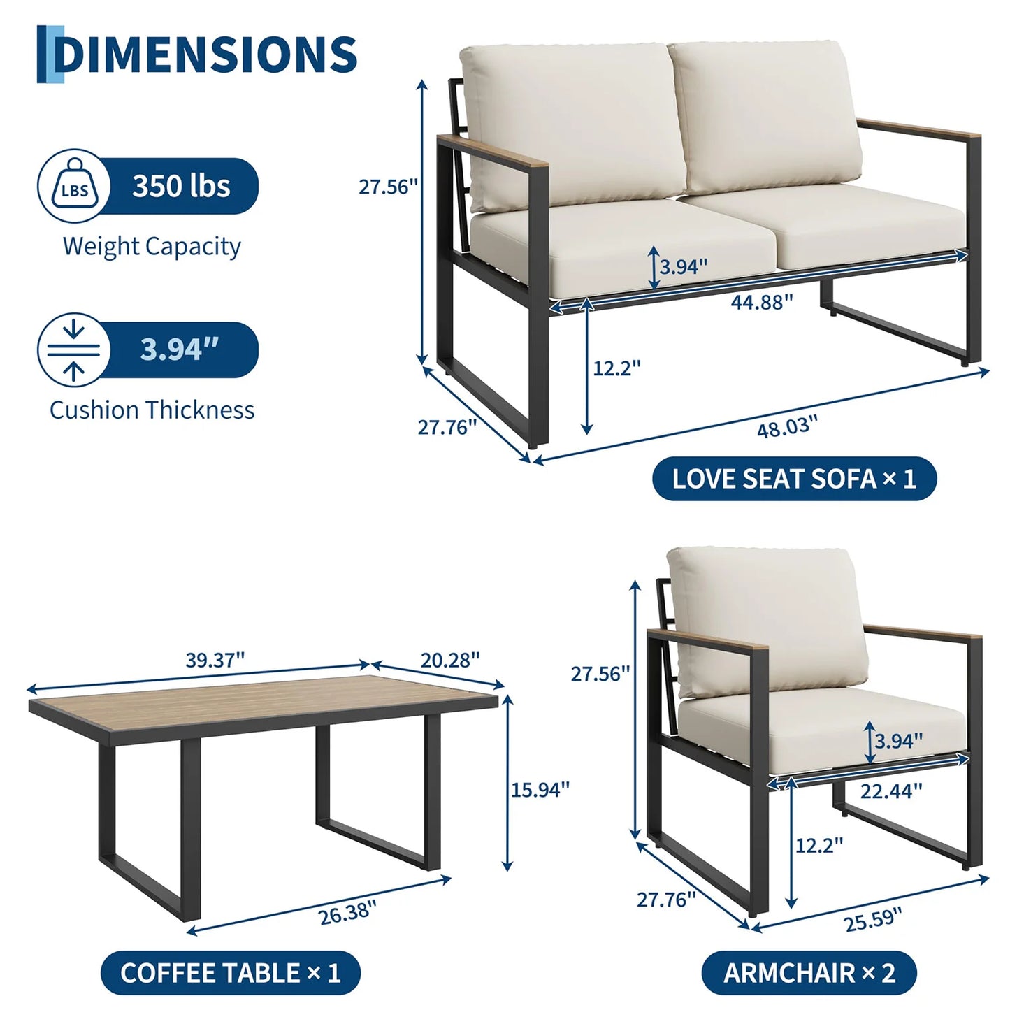 HobbyLane Modern 4 Piece Outdoor Patio Sofa With Coffee Table