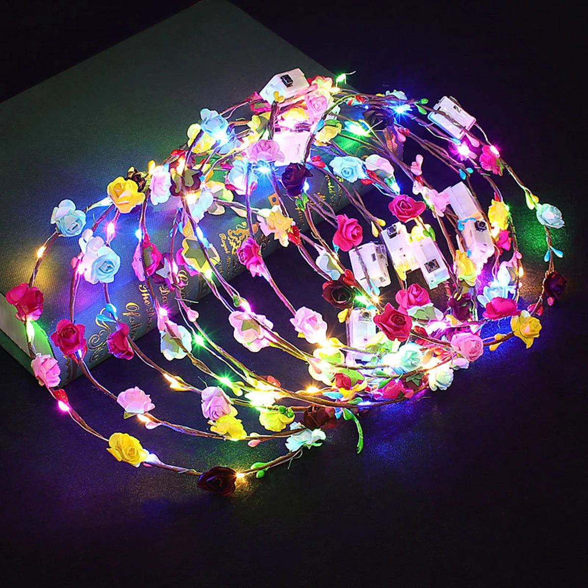 30pcs Paper Rose Wreath Set LED Light-Up Headbands, Party Wreaths, Suitable for Glow-in-the-Dark Wedding Party Hair Accessories